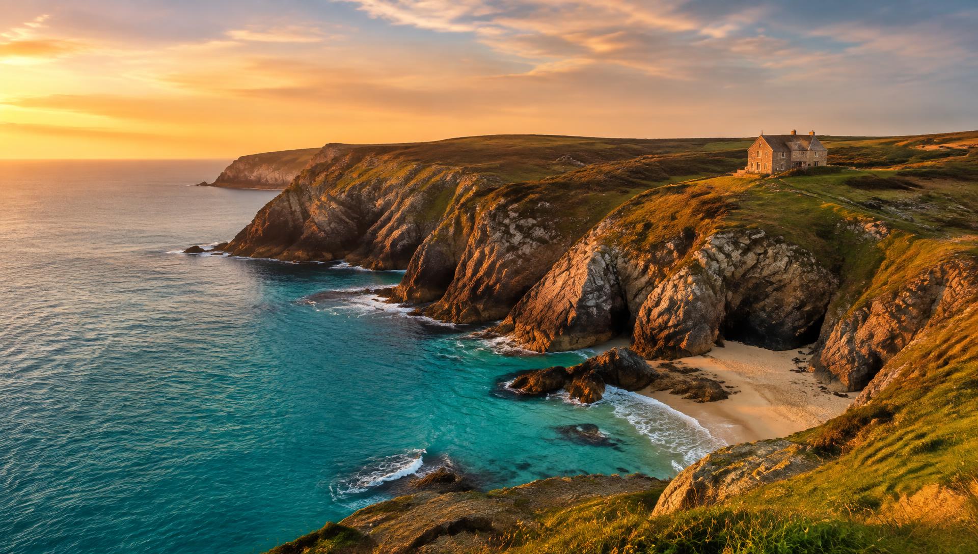 Golden hour over a Cornish cove and clifftop cottage